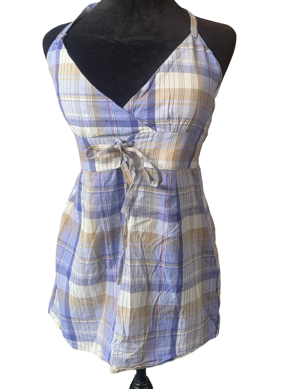 VTG Y2K Vanity halter babydoll top plaid in purple /white and tan size small